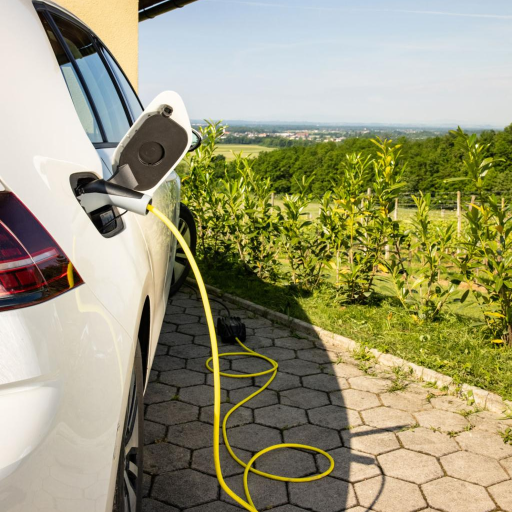 Electric car charging on a residential driveway with cable visible