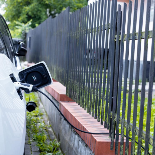 Electric vehicle charging beside a driveway fence